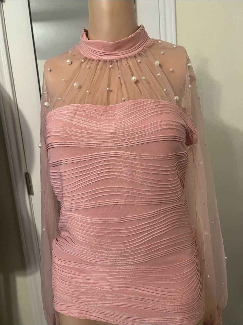 chic Pink Strapless Pearl-Embellished Sheer Cape Dress